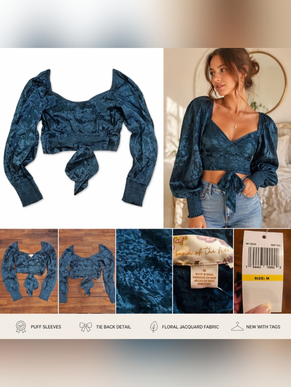 Teal Floral Jacquard Puff-Sleeve Tie-Front Crop Top Med. ✨️NWT ✨️